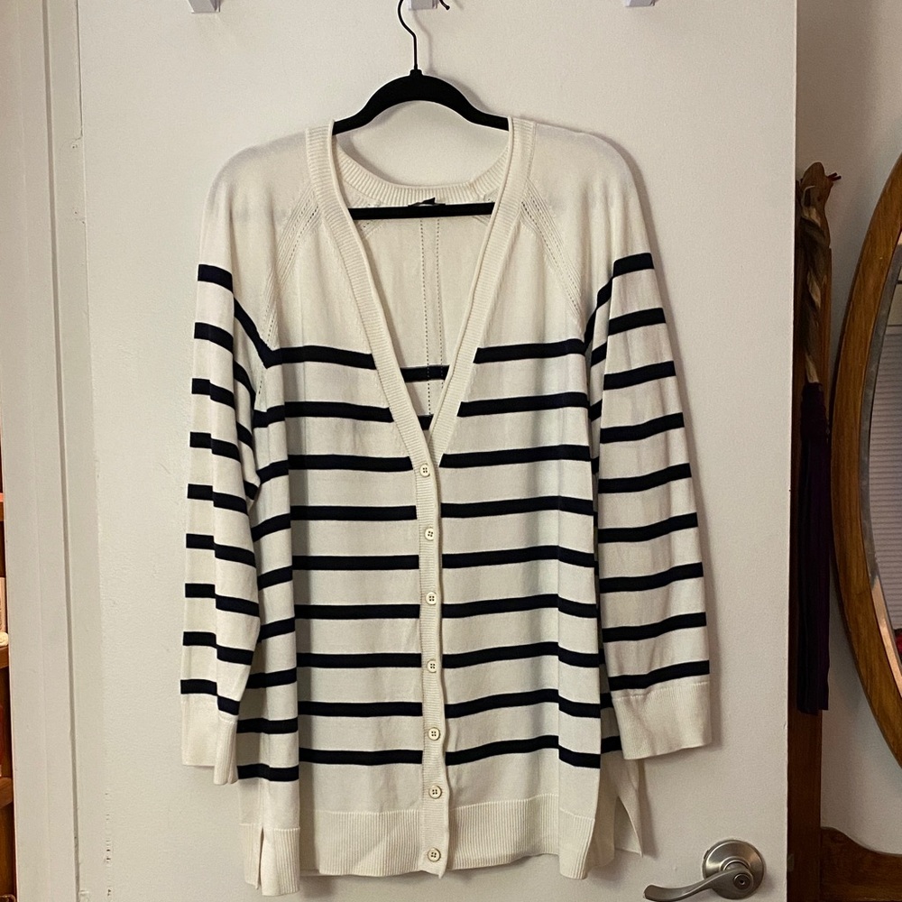 Talbots Cream and Black Striped Button-Front Cardigan